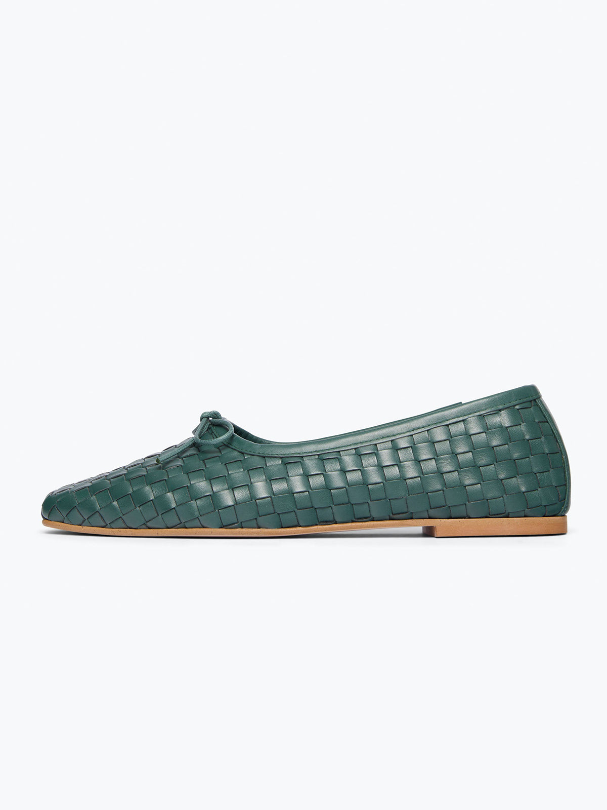 Woven Vegan Leather Square-Toe Front Bow Slip-On Ballet Flats - Green