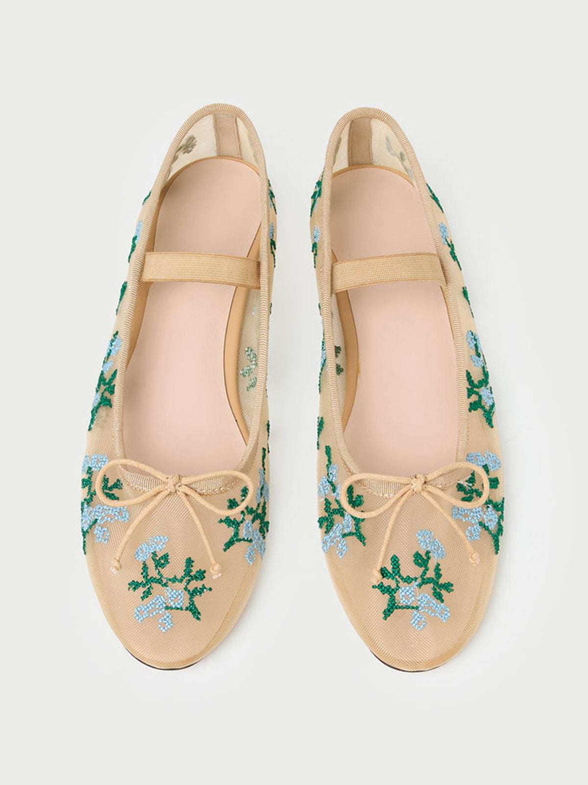 Caramel Mesh Round-Toe Flower Embroidery Front Bow And Middle Strap Ballet Flats