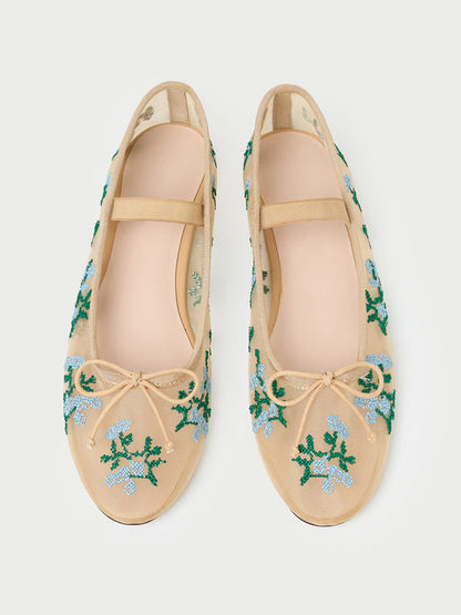 Caramel Mesh Round-Toe Flower Embroidery Front Bow And Middle Strap Ballet Flats