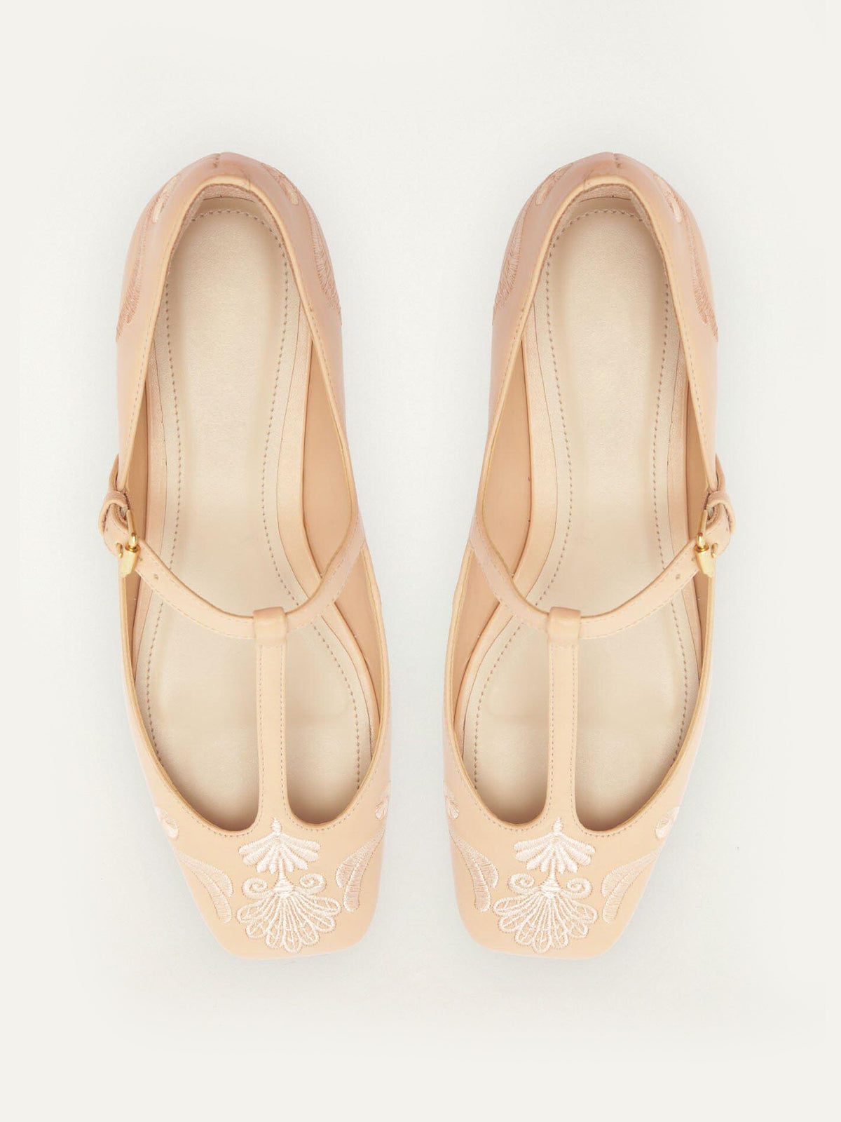 Beige Square-Toe Middle Strap Chic Embroidery Ballet Flats