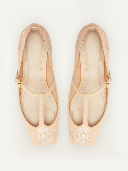 Beige Square-Toe Middle Strap Chic Embroidery Ballet Flats