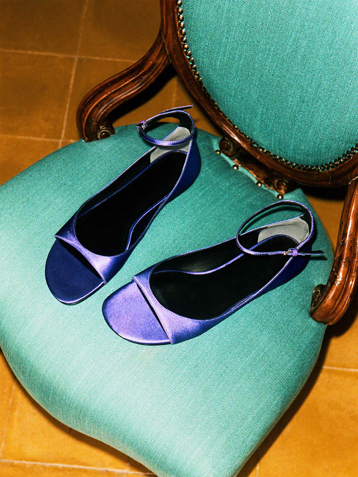 Purple Satin Square-Toe Buckle Ankle Strap Flats Sandals