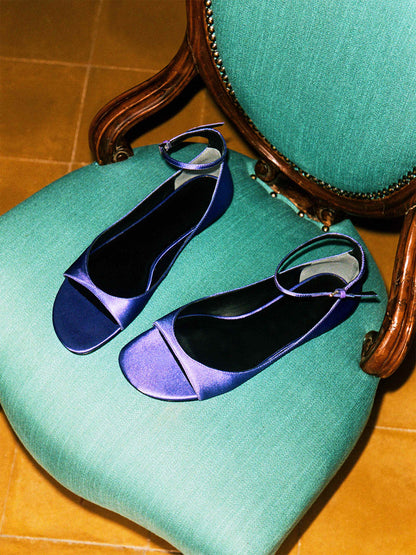 Purple Satin Square-Toe Buckle Ankle Strap Flats Sandals