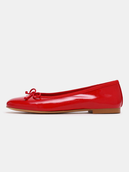 Red Round-Toe Simple Slip-On Ballet Flats With Front Bow