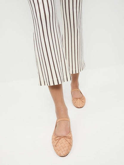 Beige Woven Vegan Leather Round-Toe Front Bow And Middle Strap Ballet Flats