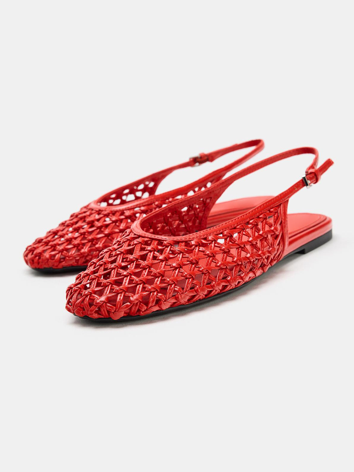 Red Woven Vegan Leather Round-Toe Chic Slingback Flats
