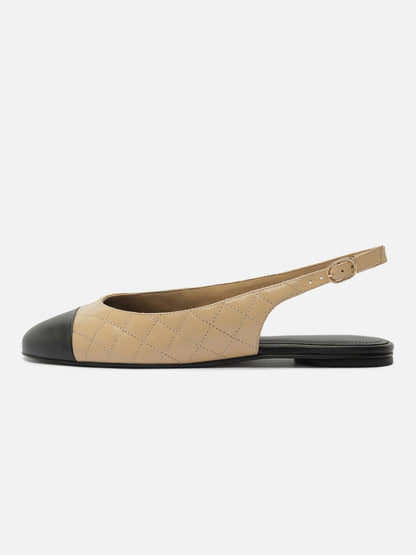 Tan Round-Toe Buckle Slingback Chic Slip-On Flats