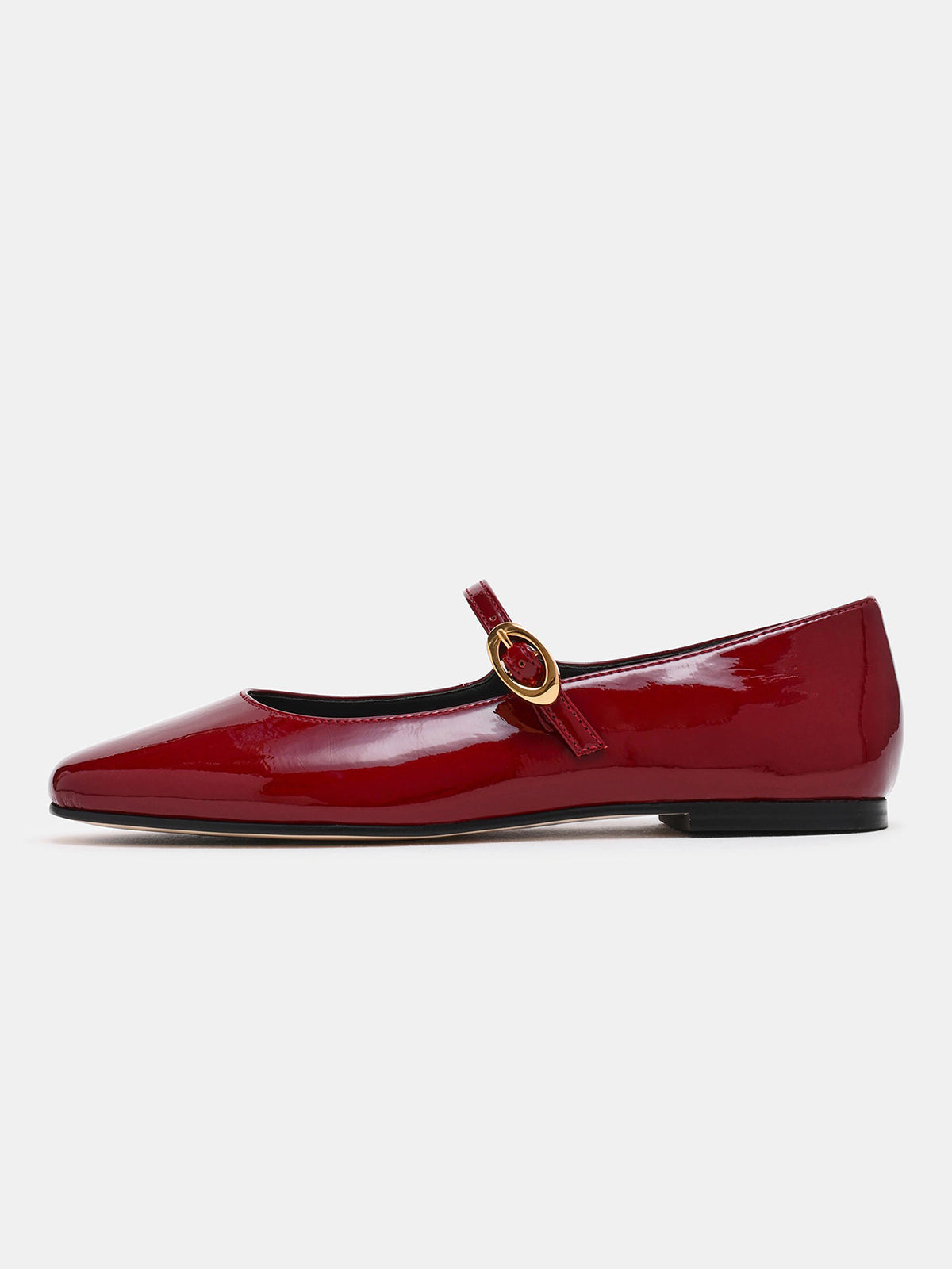 Burgundy Patent Leather Square-Toe Buckle Mary Jane Ballet Flats