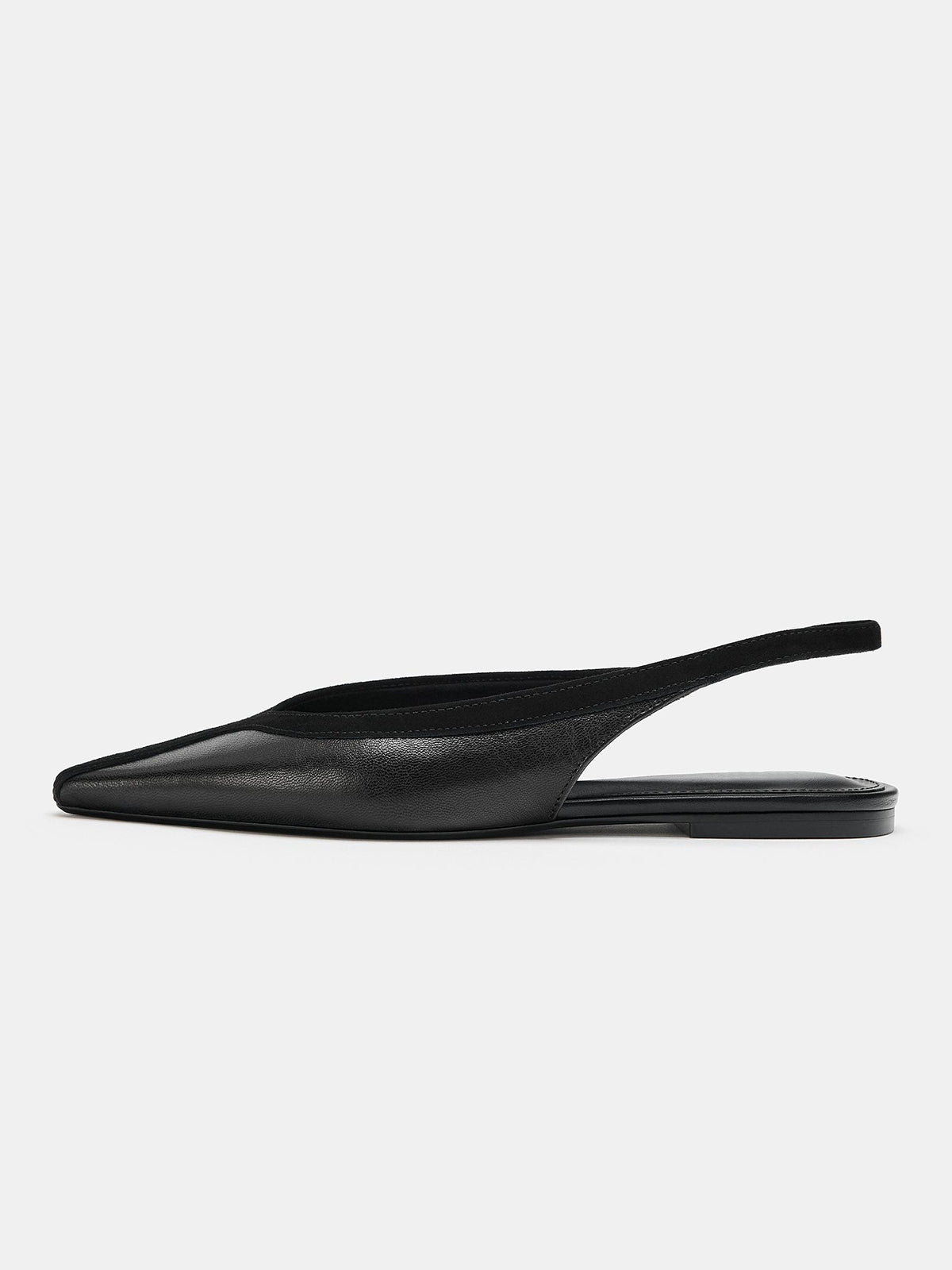 Black Vegan Leather And Faux Suede Pointed-Toe Chic Slingback Flats