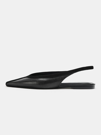 Black Vegan Leather And Faux Suede Pointed-Toe Chic Slingback Flats