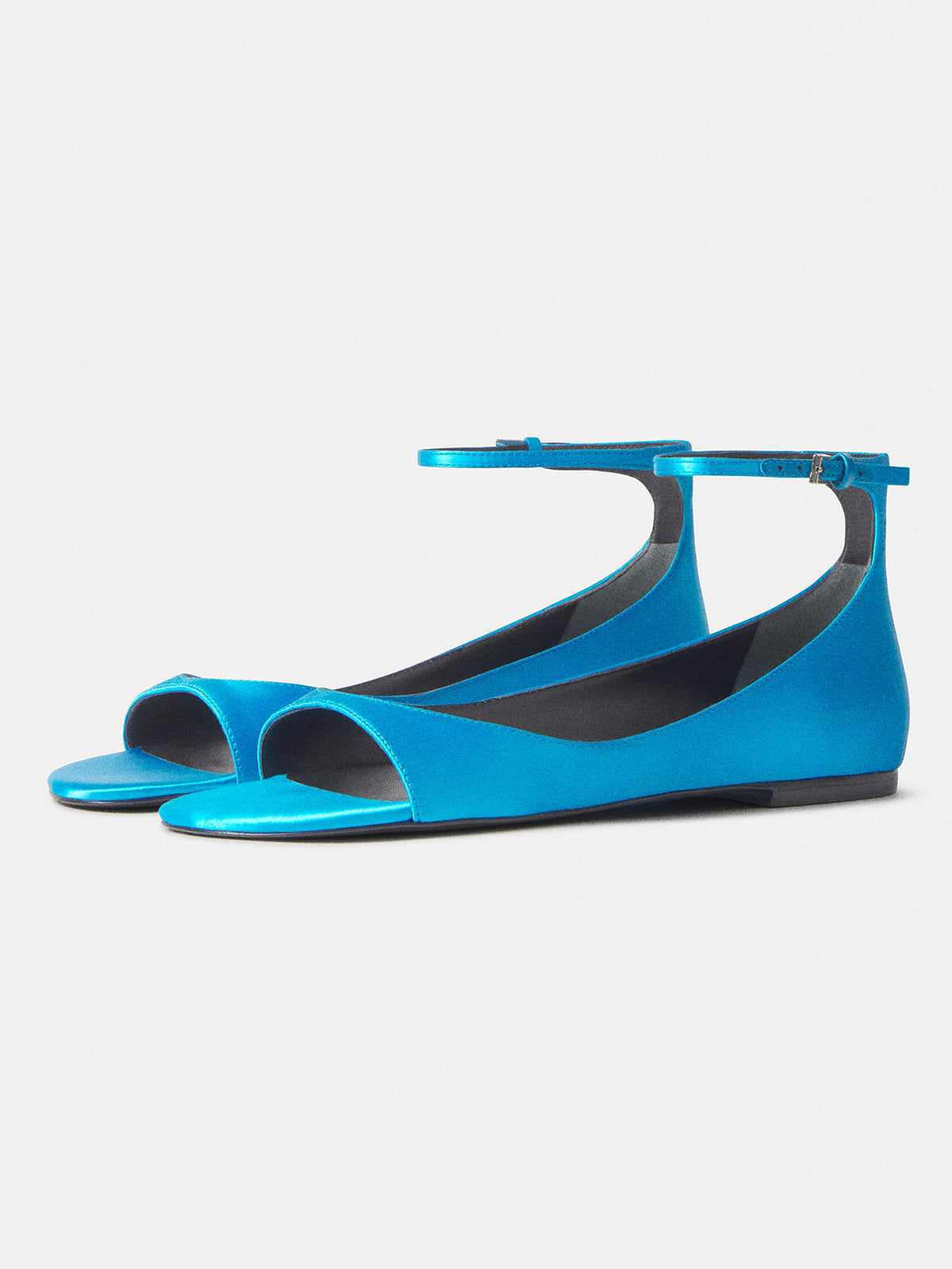 Blue Satin Square-Toe Buckle Ankle Strap Flats Sandals