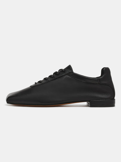 Black Square-Toe Simple Lace-Up Chic Flats