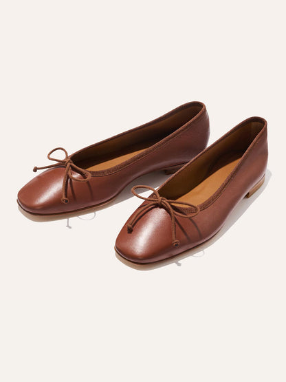 Front Bow Square-Toe Slip-On Chic Ballet Flats - Cognac Vegan Leather