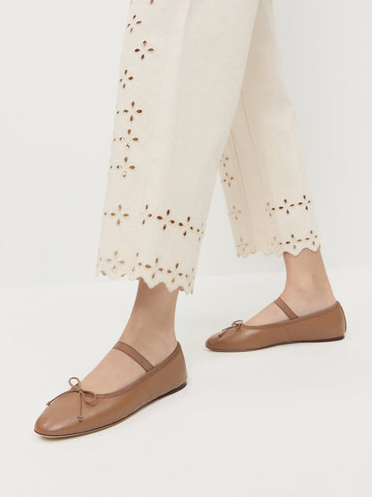 Khaki Vegan Leather Round-Toe Mary Jane Front Bow Ballet Flats