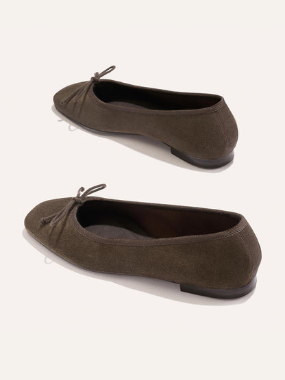 Front Bow Square-Toe Slip-On Chic Ballet Flats - Cognac Faux Suede