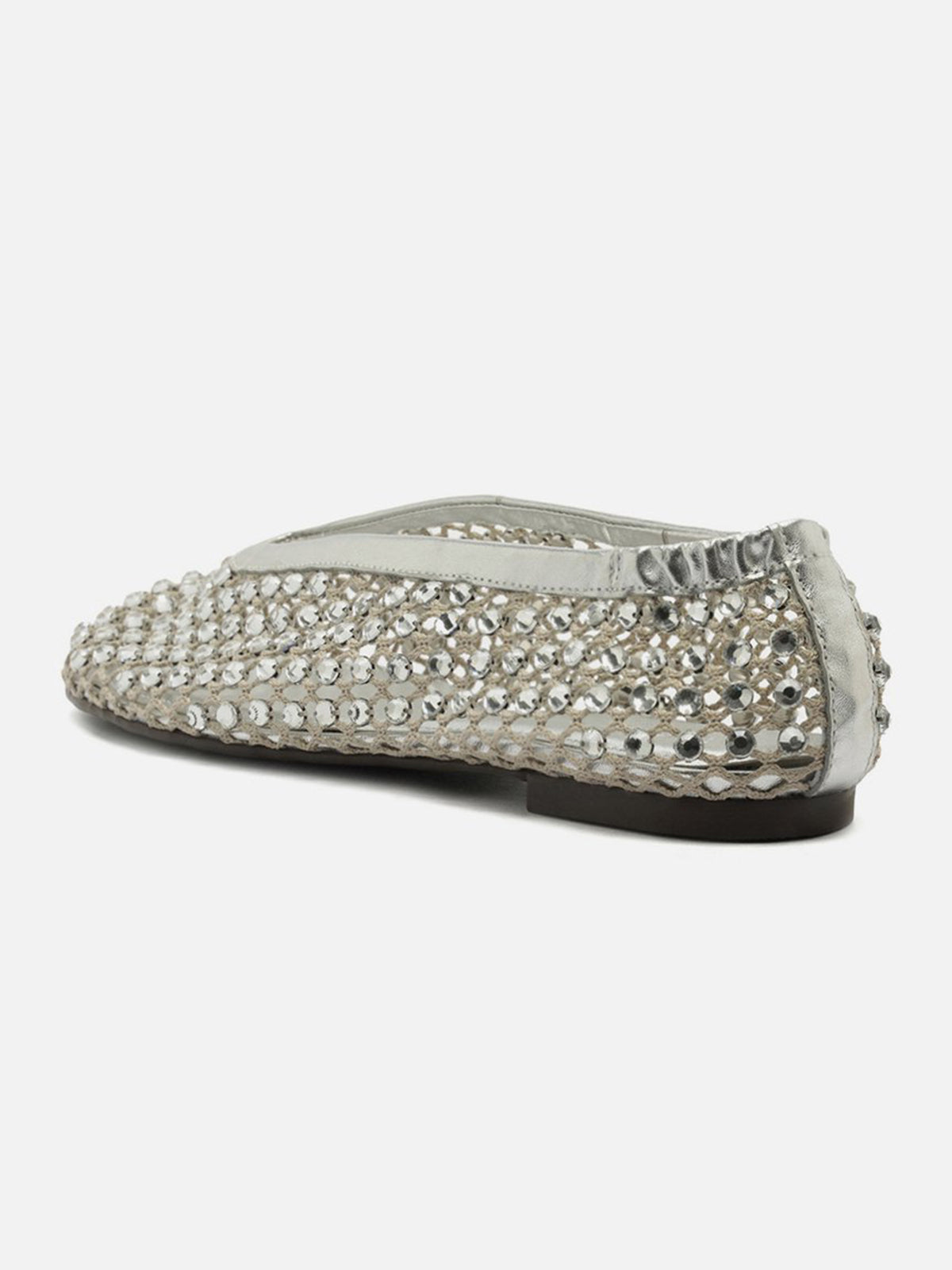 Silver Rhinestone Mesh Round-Toe Slip-On Ballet Flats