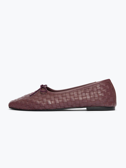 Woven Vegan Leather Square-Toe Front Bow Slip-On Ballet Flats - Cranberry