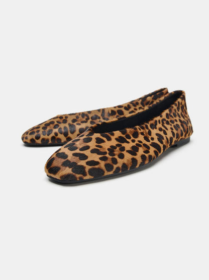 Leopard Pattern Pony Hair Vegan Leather Square-Toe Slip-On Ballet Flats
