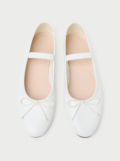 White Vegan Leather Round-Toe Mary Jane Front Bow Ballet Flats