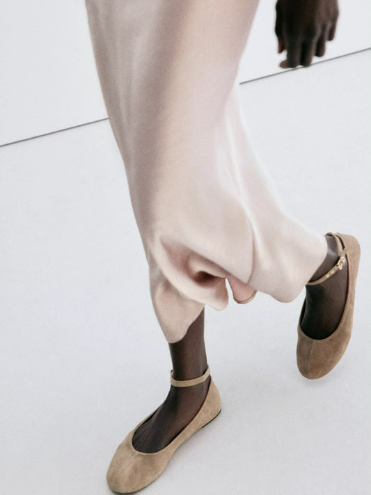 Sand Faux Suede Round-Toe Chic Ankle Strap Ballet Flats