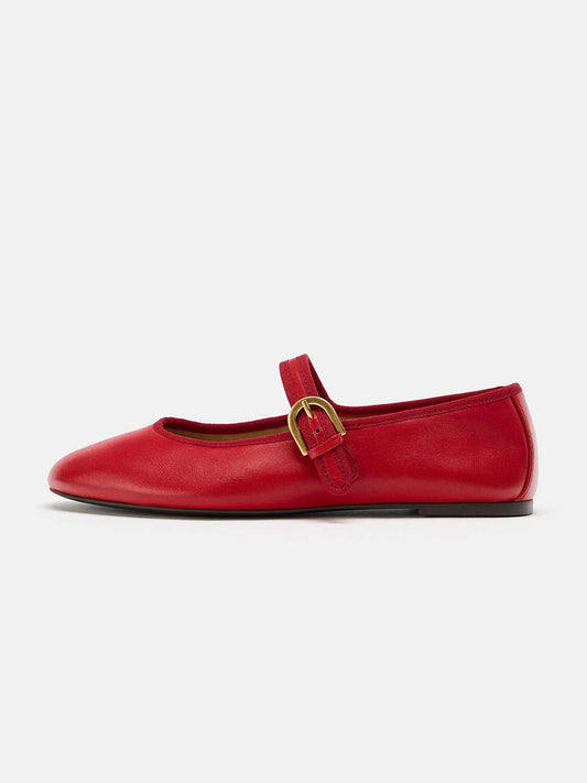 Red Round-Toe Buckle Middle Strap Slip-On Ballet Chic Flats