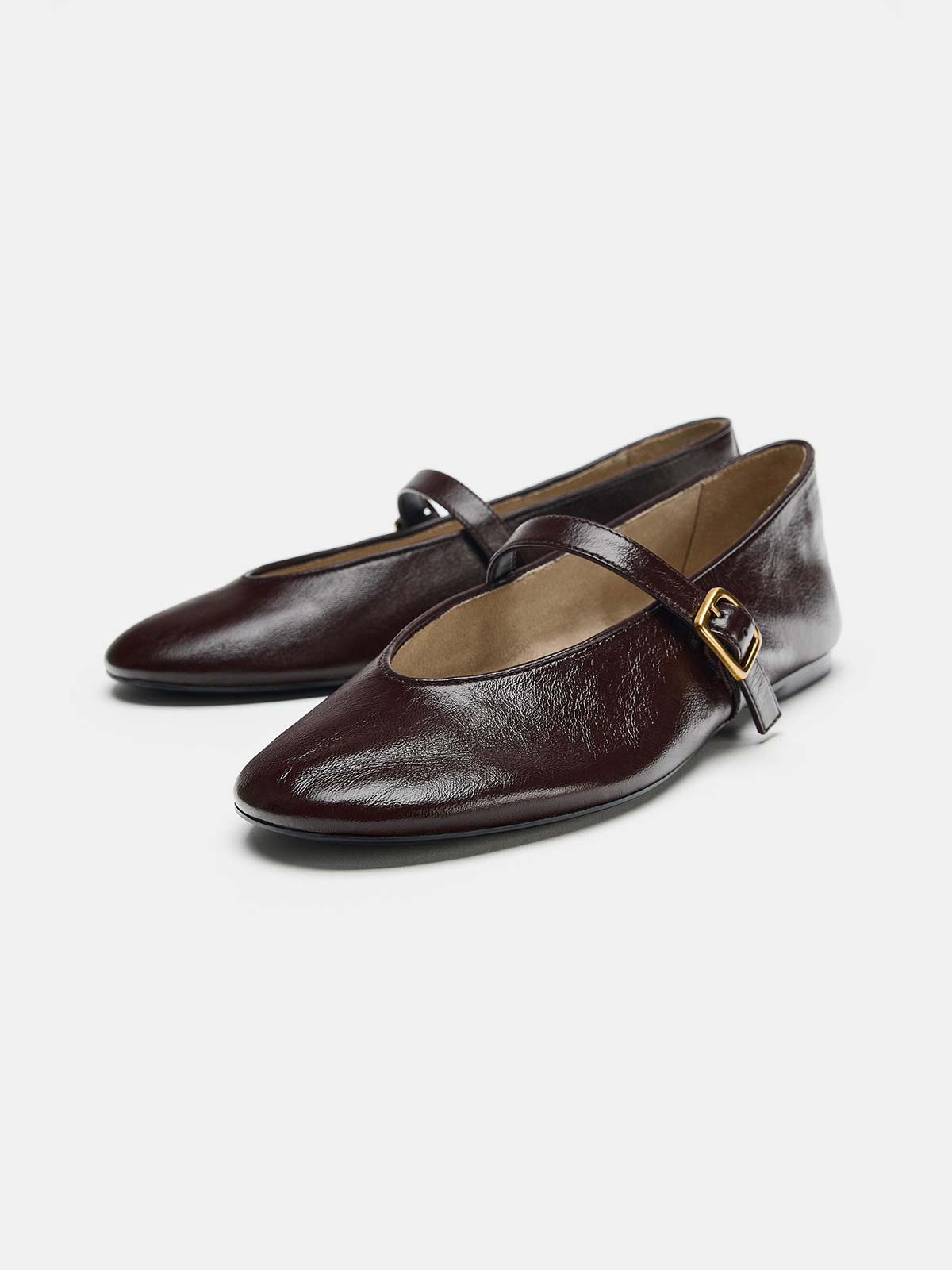 Chocolate Round-Toe Buckle Middle Strap Slip-On Ballet Chic Flats