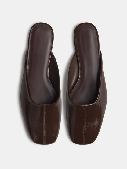 Patent Coffee Square-Toe Backless Slip-On Flat Mules
