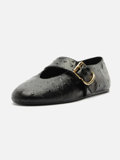 Black Ostrich Pattern Vegan Leather Round-Toe Mary Jane Chic Ballet Flats