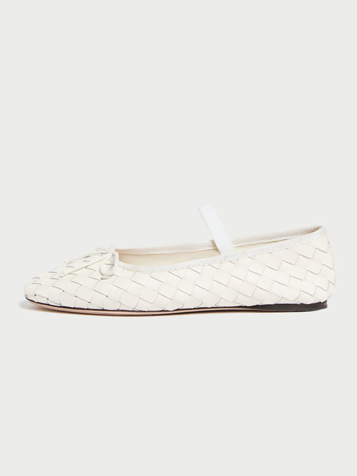 White Woven Vegan Leather Round-Toe Front Bow And Middle Strap Ballet Flats