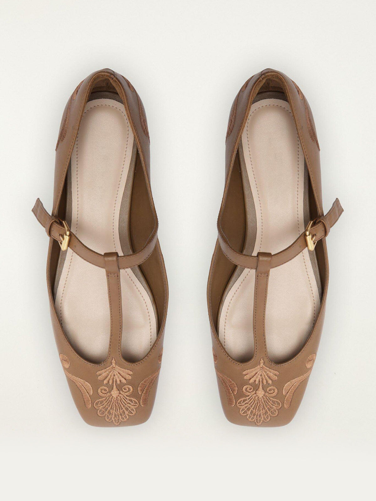 Caramel Square-Toe Middle Strap Chic Embroidery Ballet Flats