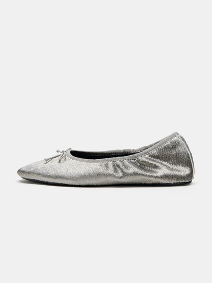 Silver Pony Hair Vegan Leather Square-Toe Front Bow Slip-On Ballet Flats