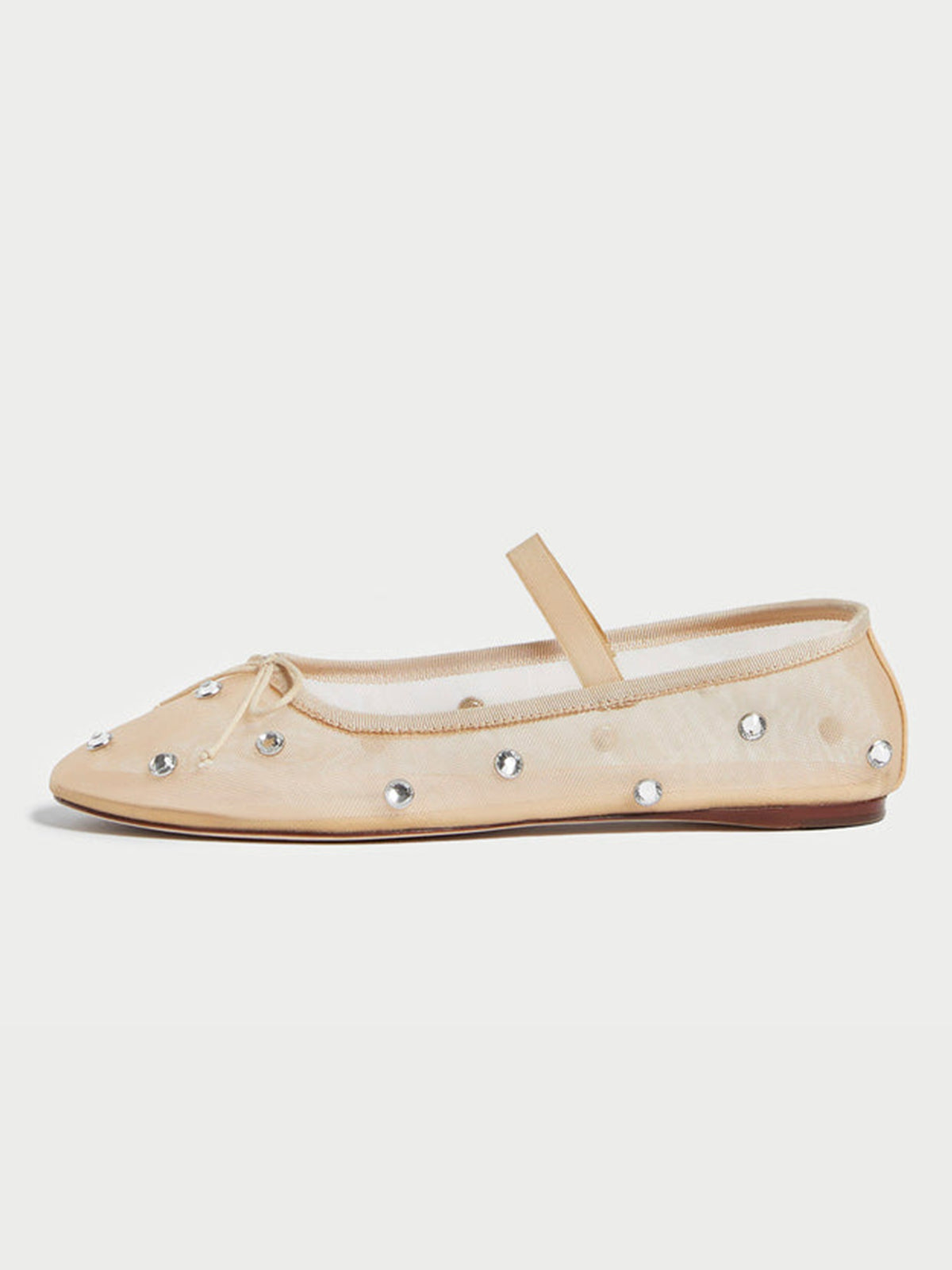 Caramel Crystals Mesh Round-Toe Front Bow And Middle Strap Ballet Flats