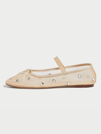 Caramel Crystals Mesh Round-Toe Front Bow And Middle Strap Ballet Flats