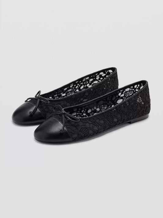 Black Lace Mesh And Vegan Leather Round-Toe Front Bow Chic Ballet Flats