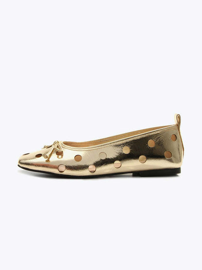 Metallic Gold Square-Toe Front Bow Cutout Slip-On Ballet Flats