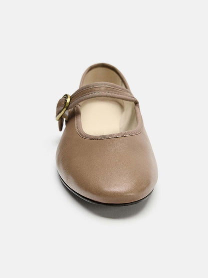 Taupe Round-Toe Buckle Middle Strap Slip-On Ballet Chic Flats