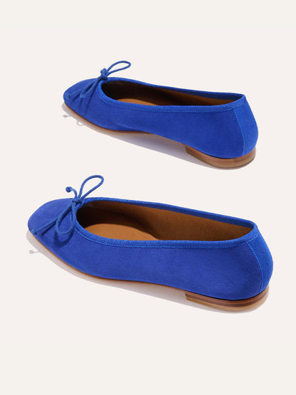 Front Bow Square-Toe Slip-On Chic Ballet Flats - Blue Faux Suede