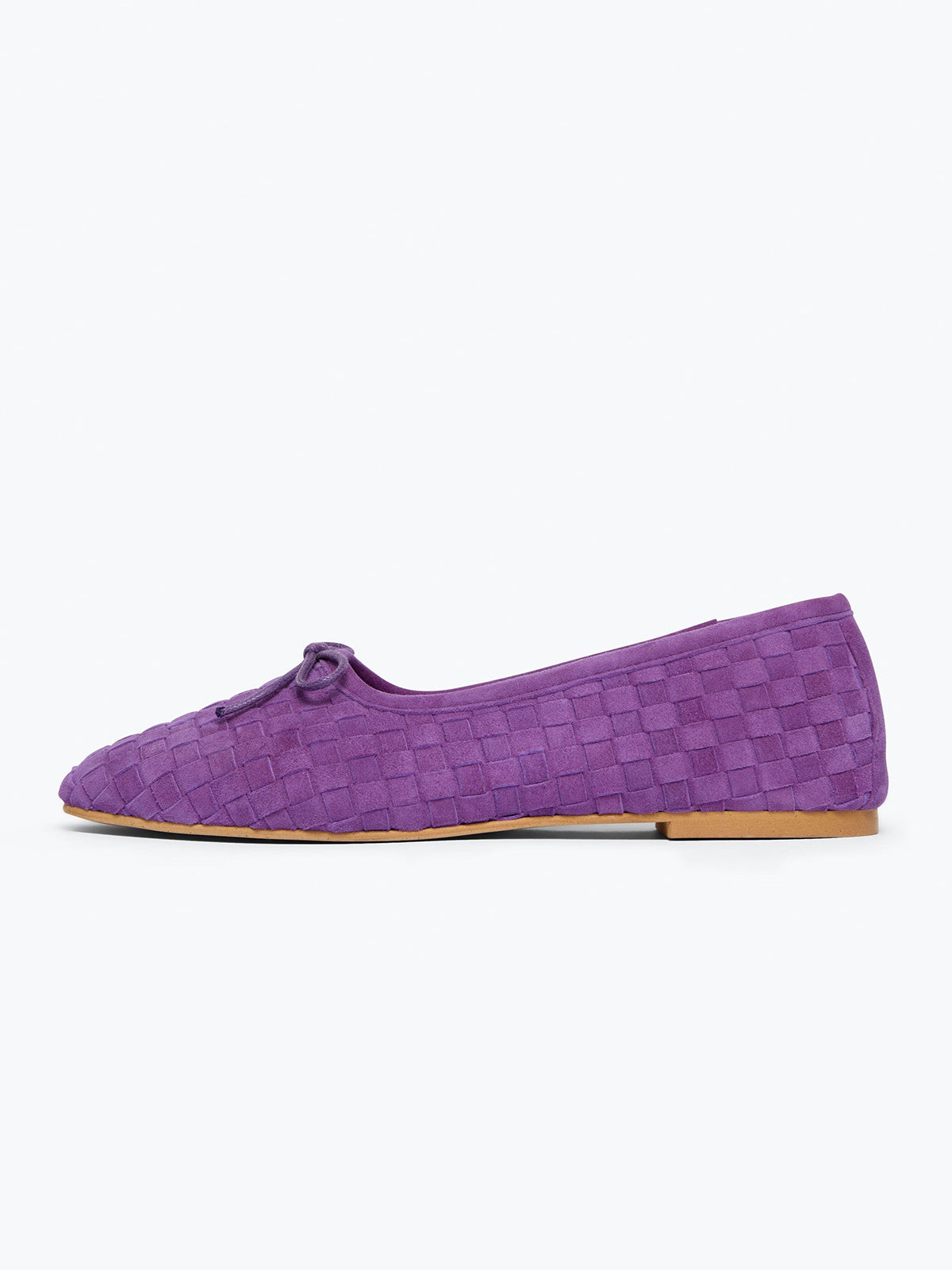 Woven Faux Suede Square-Toe Front Bow Slip-On Ballet Flats - Purple