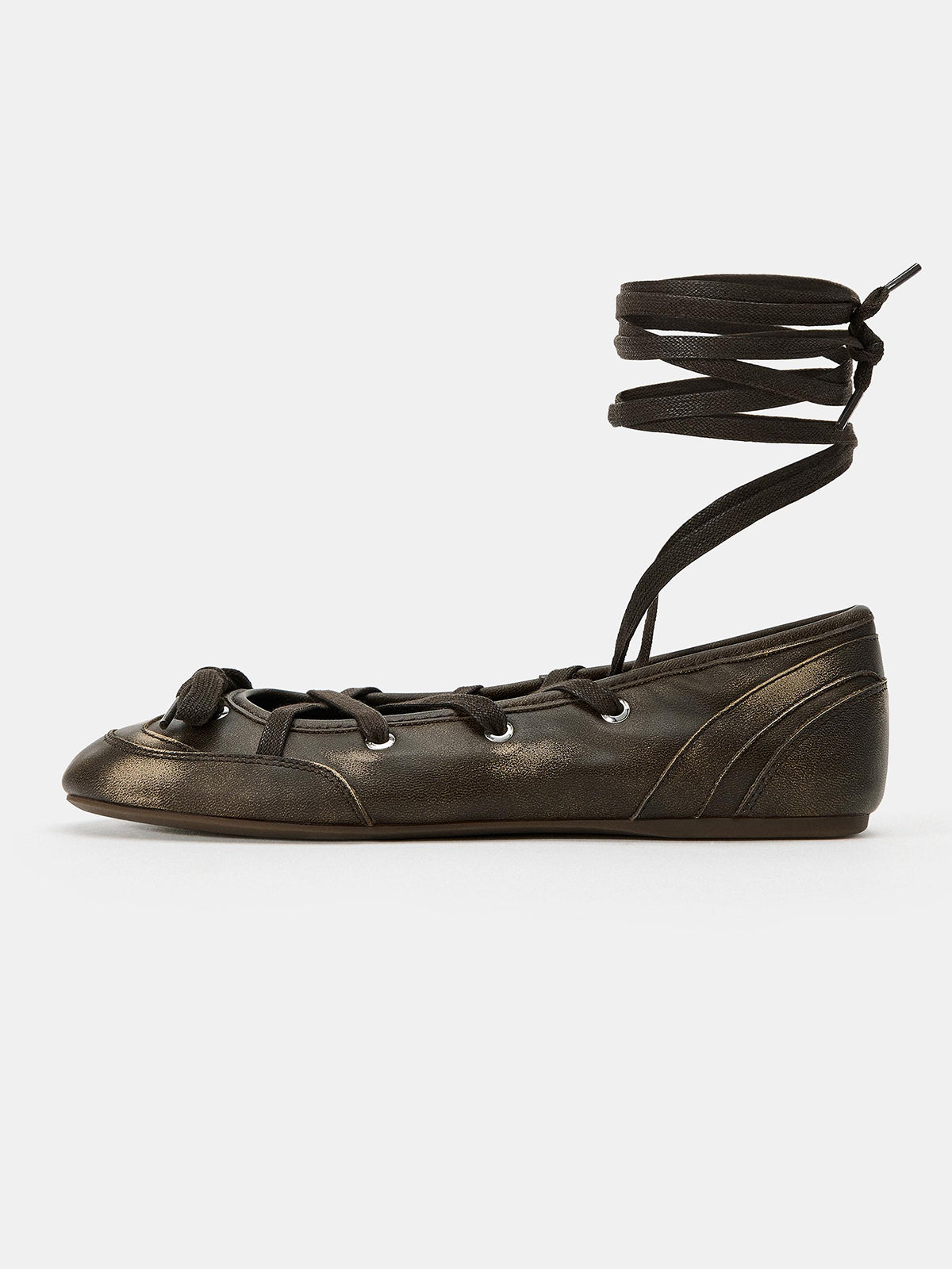Brown Round-Toe Front Bow And Lace-Up Sporty Ballet Flats