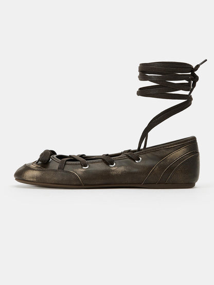 Brown Round-Toe Front Bow And Lace-Up Sporty Ballet Flats