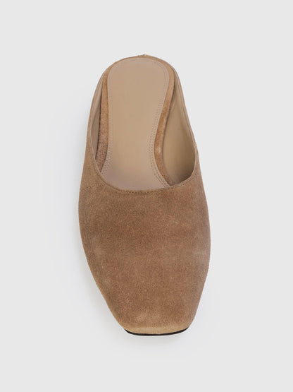 Sand Faux Suede Square-Toe Backless Flats