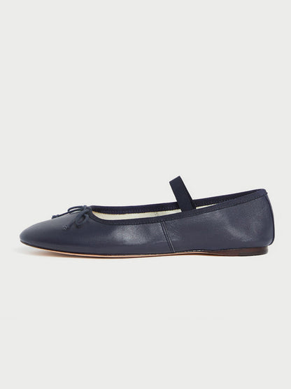 Navy Vegan Leather Round-Toe Mary Jane Front Bow Ballet Flats