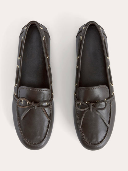 Dark Brown Round-Toe Front Bow And Lace Edge With Eyelets Flats
