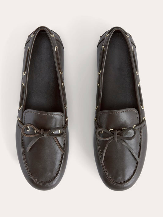 Dark Brown Round-Toe Front Bow And Lace Edge With Eyelets Flats