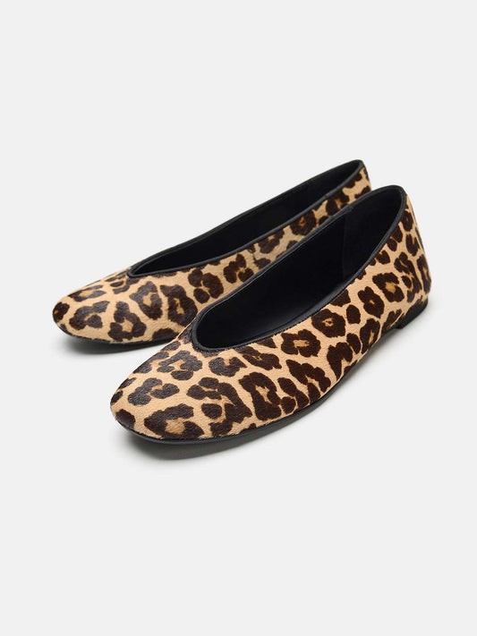 Leopard Pony Hair Vegan Leather Round-Toe Slip-On Ballet Flats