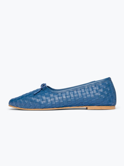 Woven Vegan Leather Square-Toe Front Bow Slip-On Ballet Flats - Indigo