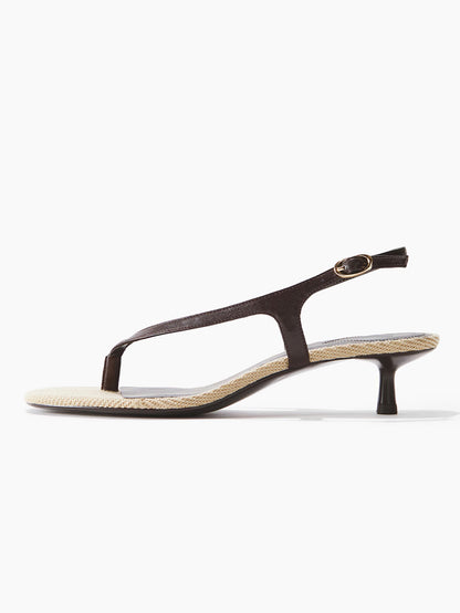 Dark Brown Square-Toe Flip-Flop Slingback Kitten Heels