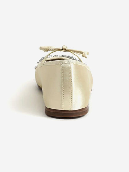 Beige Satin Square-Toe Front Crystals And Mary Jane Ballet Flats