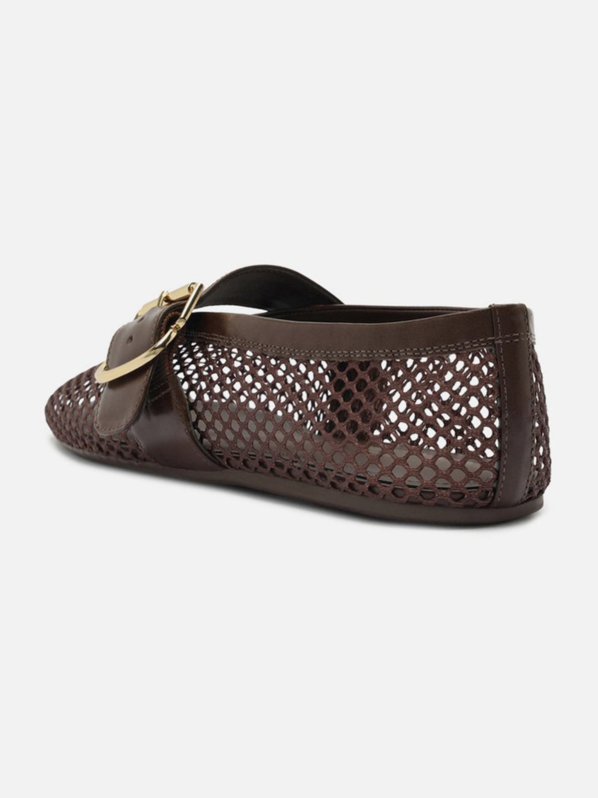 Coffee Mesh Round-Toe Buckle Wide Strap Slip-On Ballet Flats