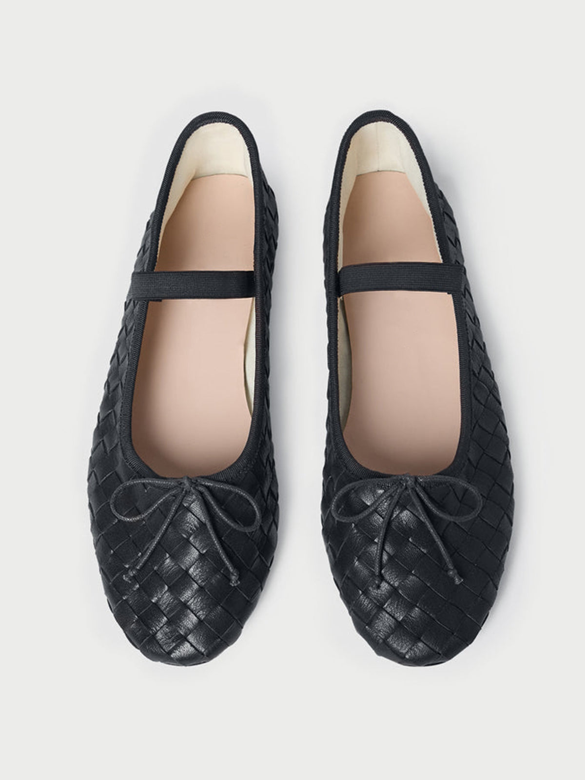 Black Woven Vegan Leather Round-Toe Front Bow And Middle Strap Ballet Flats